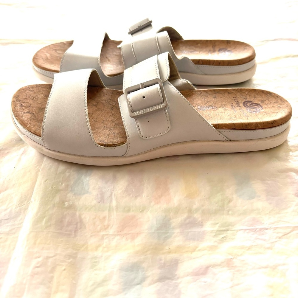Clarks Step June Tide White Slide Sandal Sz 8 Worn 1x